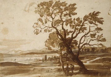 Paisagem com duas árvores, c.1638 (giz preto com caneta e tinta marrom e marrom lavar em papel branco)